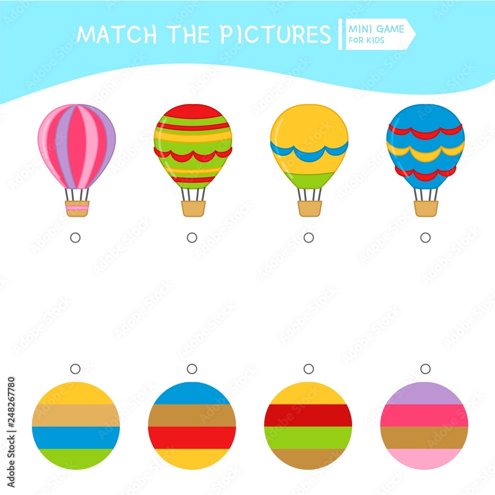 Matching children educational game. Match of balloons and color palettes . Activity for pre sсhool years kids and toddlers.