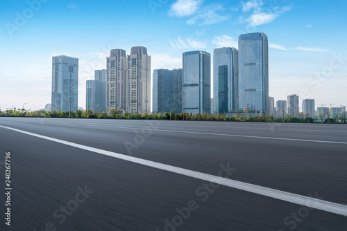 Highway Road and Skyline of Modern Urban Architecture in Hangzhou..