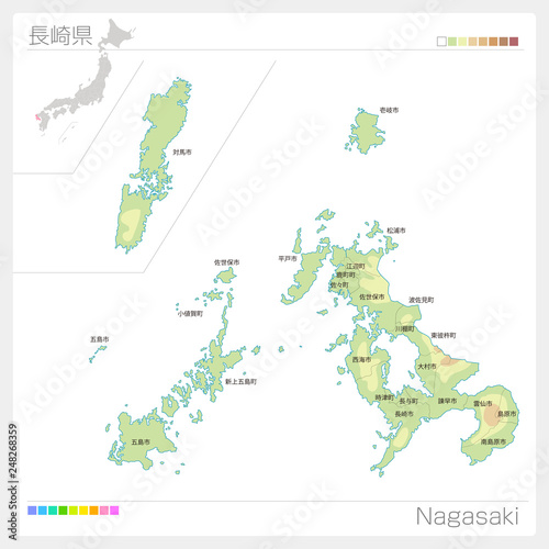 長崎県の地図（等高線・色分け・市町村・区分け）