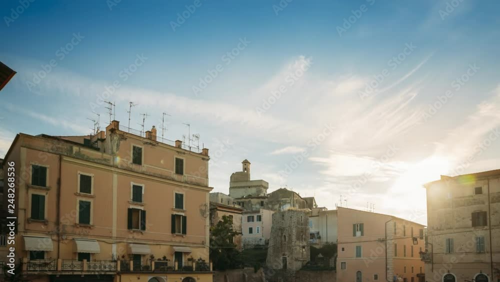 Terracina, Italy. Piazza Municipio And View Of Castle Castello Frangipane In Upper Town In Sunrise Time Terracina, Italy. Piazza Municipio And View Of Castle Castello Frangipane In Upper Town In Sunrise Time