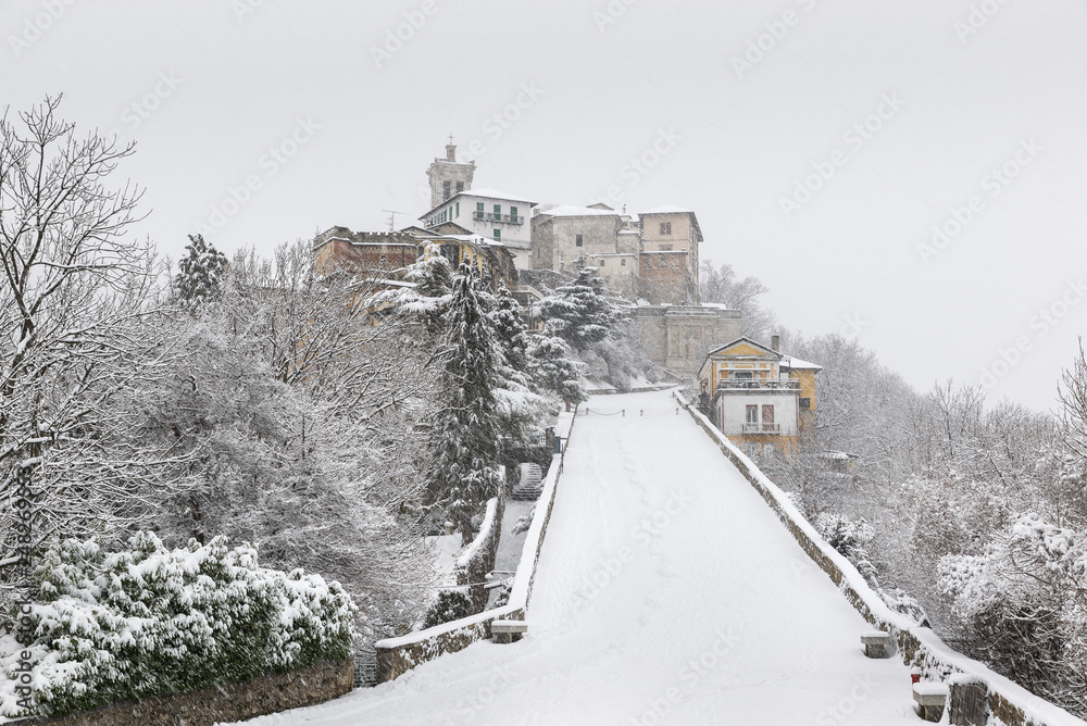 Medieval village, UNESCO site. Sacred mount of Varese in winter, Italy