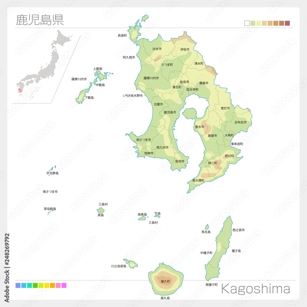 鹿児島県の地図（等高線・色分け・市町村・区分け） Stock ベクター