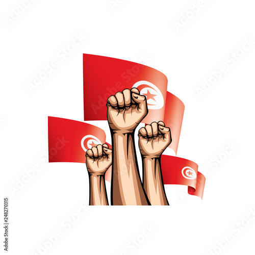 Tunisia flag and hand on white background. Vector illustration