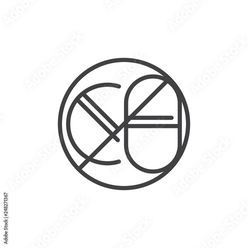 No pills, prohibition line icon. linear style sign for mobile concept and web design. No medicines sign outline vector icon. No drug symbol, logo illustration. Pixel perfect vector graphics