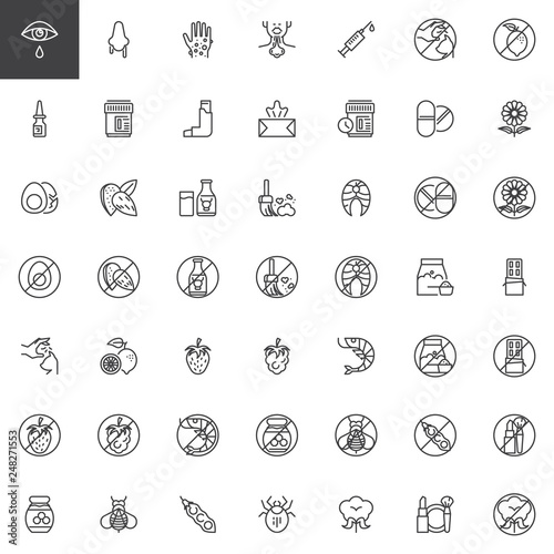 Allergy elements line icons set. linear style symbols collection, outline signs pack. vector graphics. Set includes icons as Allergen food, Runny nose, Dry eyes, Rash, Nasal spray, Inhalator, Dust