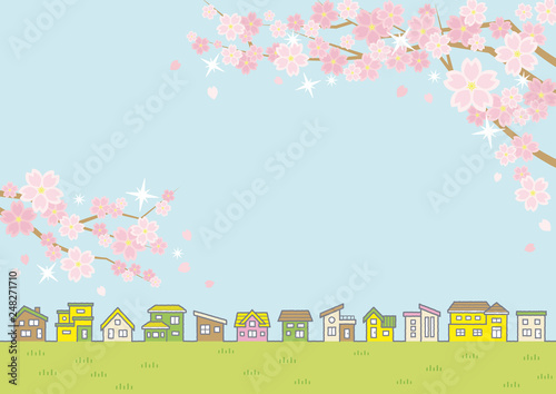 桜のある春の田舎の風景のイラスト(家の並びと空と草原)横長の書式で横書き用