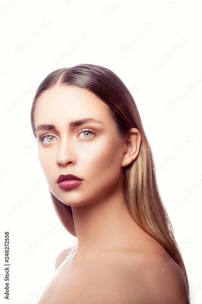 Attractive beautiful young pretty beauty model girl face. Bright make-up, clean skin, hair style, red marsala lipstick. White background. Isolated Attractive beautiful young pretty beauty model girl face. Bright make-up, clean skin, hair style, red marsala lipstick. White background. Isolated