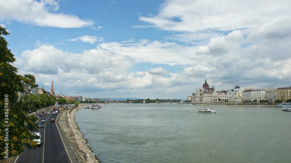 Scenic view of the Danube river and the Hungarian Parliament on the bank in Budapest, Hungary
