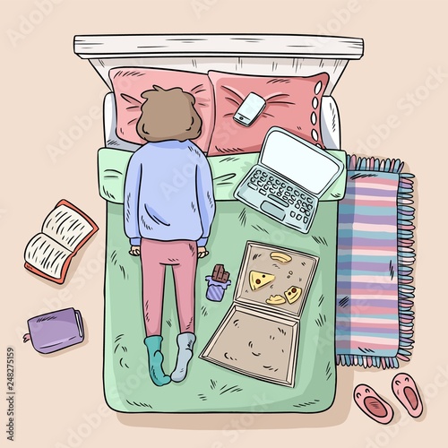 Girl procrastinating on the bed. Mess at home. Comic style image. Top view.