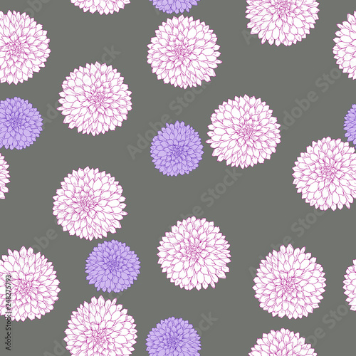 Seamless pattern with silhouette flowers on grey background. Hand drawn vector illustration. 