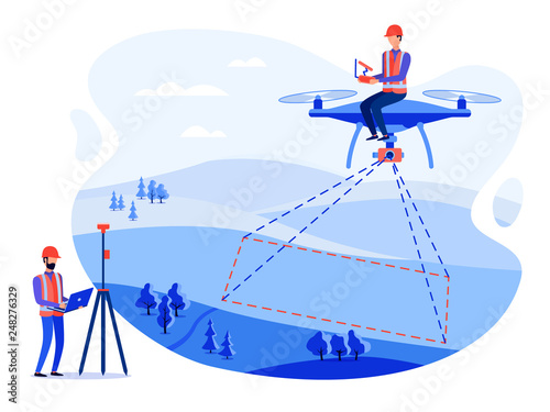 Concept cadastral engineers, surveyors and cartographers make geodetic measurements using a drone, copter. Vector flat illustration.