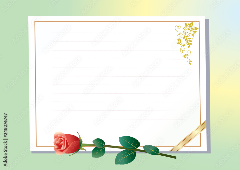 Background, birthday, anniversary, holiday, greeting card with sheet paper  for messages and rose flower Stock Vector | Adobe Stock