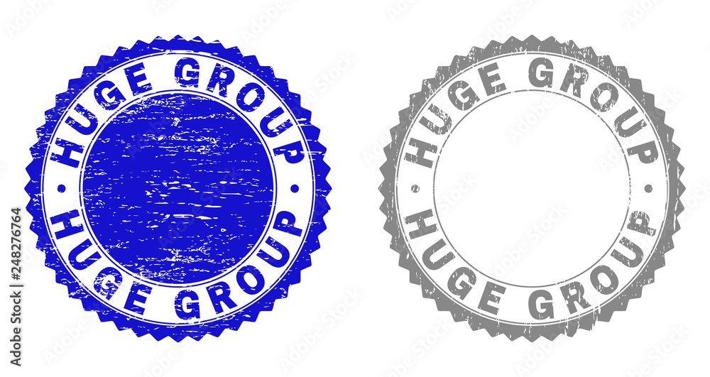 Grunge HUGE GROUP stamp seals isolated on a white background. Rosette seals with grunge texture in blue and gray colors. Vector rubber stamp imprint of HUGE GROUP title inside round rosette.