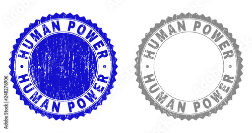 Grunge HUMAN POWER stamp seals isolated on a white background. Rosette seals with grunge texture in blue and grey colors. Vector rubber stamp imprint of HUMAN POWER title inside round rosette.