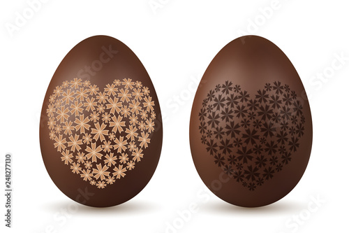 Easter egg 3d. Chocolate brown eggs set, flower heart, isolated white background. Traditional sweet candy dessert, decoration Happy Easter celebration. Design for spring holiday. Vector illustration