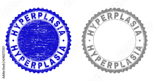 Grunge HYPERPLASIA stamp seals isolated on a white background. Rosette seals with grunge texture in blue and grey colors. Vector rubber stamp imprint of HYPERPLASIA title inside round rosette.