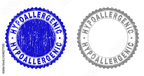 Grunge HYPOALLERGENIC stamp seals isolated on a white background. Rosette seals with grunge texture in blue and grey colors. Vector rubber stamp imprint of HYPOALLERGENIC text inside round rosette.