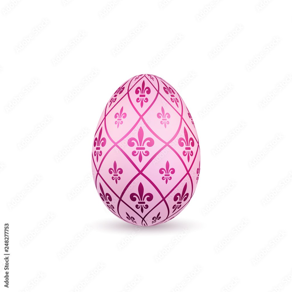 Easter egg 3D icon. Color egg, isolated white background. Flower fleur de lis design, decoration for Happy Easter celebration. Royal lily element. Holiday pattern. Spring symbol. Vector illustration Easter egg 3D icon. Color egg, isolated white background. Flower fleur de lis design, decoration for Happy Easter celebration. Royal lily element. Holiday pattern. Spring symbol. Vector illustration