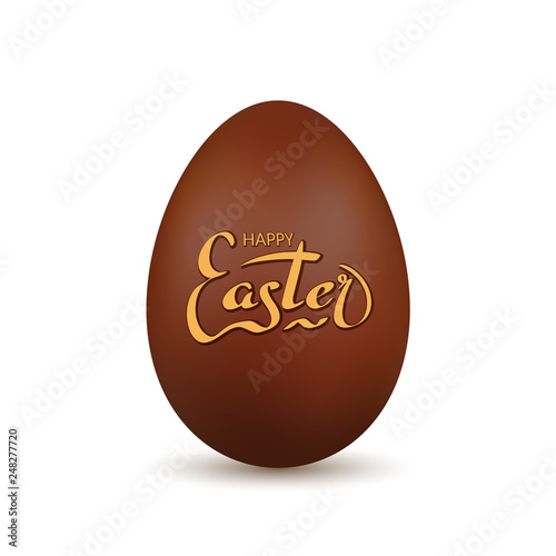 Easter egg 3d. Chocolate brown egg, gold hand drawn lettering, isolated white background. Traditional sweet candy dessert, decoration Happy Easter celebration. Design for holiday. Vector illustration