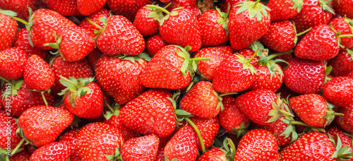 Fresh organic red ripe Strawberry fruit background Top view closeup