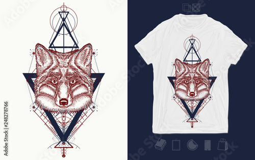 Tribal fox and triangle. Mystical symbol of adventure, dreams. Print for t-shirts and another, trendy apparel design