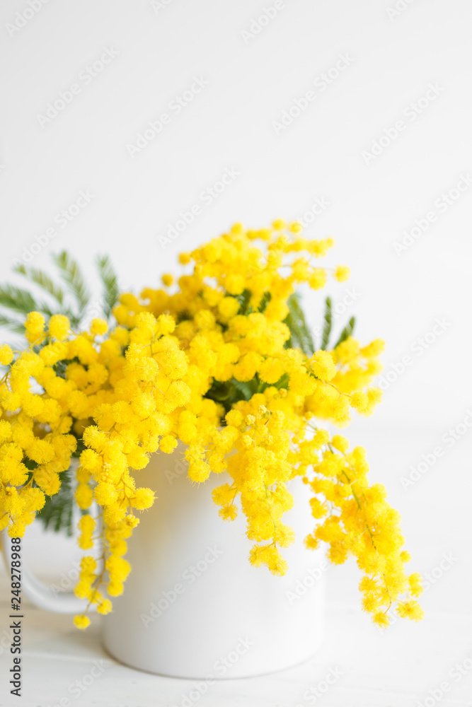 custom made wallpaper toronto digitalBouquet of mimosa flowers on white wooden background. Springtime.