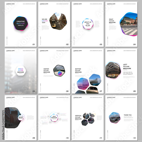 Minimal brochure templates with hexagons and hexagonal elements on white background. Covers design templates for flyer, leaflet, brochure, report, presentation, advertising, magazine.