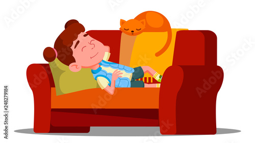 Tired Little Girl Sleeping On The Couch Next To Sleeping Cat Vector. Isolated Illustration