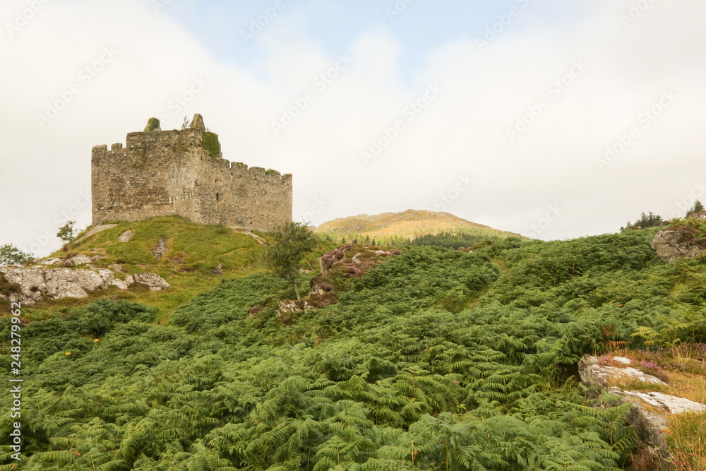 A landscape view of the ruins of Tioram Castle on Loch Moidart south of Mallaig, Scotland, UK.