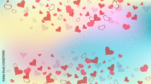Stylish background. A sample of wallpaper design, textiles, packaging, printing, holiday invitation for wedding. Red hearts of confetti are falling. Red on Gradient fond Vector.