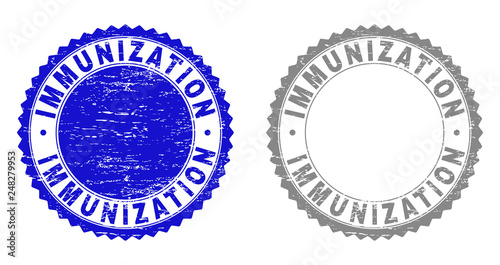 Grunge IMMUNIZATION stamp seals isolated on a white background. Rosette seals with grunge texture in blue and gray colors. Vector rubber stamp imprint of IMMUNIZATION title inside round rosette.