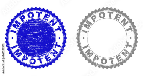 Grunge IMPOTENT stamp seals isolated on a white background. Rosette seals with grunge texture in blue and grey colors. Vector rubber watermark of IMPOTENT caption inside round rosette.