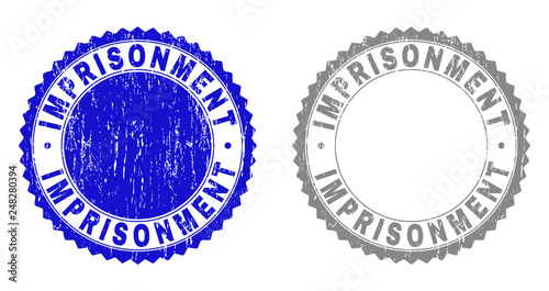 Grunge IMPRISONMENT stamp seals isolated on a white background. Rosette seals with distress texture in blue and grey colors. Vector rubber stamp imprint of IMPRISONMENT tag inside round rosette.