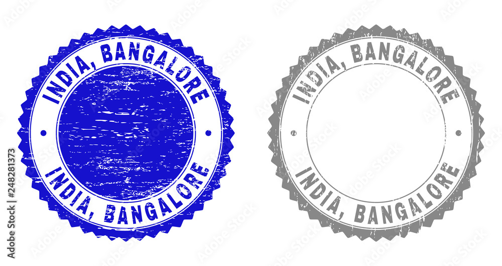 Grunge INDIA, BANGALORE stamp seals isolated on a white background. Rosette seals with grunge texture in blue and gray colors. Vector rubber stamp imitation of INDIA,