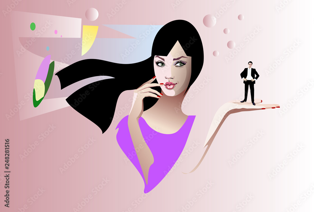 Abstract illustration woman thinking, holding in her hand man, differences and understanding, pattern disagreements in marriage, color print design Abstract illustration woman thinking, holding in her hand man, differences and understanding, pattern disagreements in marriage, color print design
