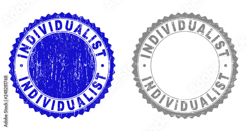 Grunge INDIVIDUALIST stamp seals isolated on a white background. Rosette seals with distress texture in blue and gray colors. Vector rubber stamp imprint of INDIVIDUALIST title inside round rosette.
