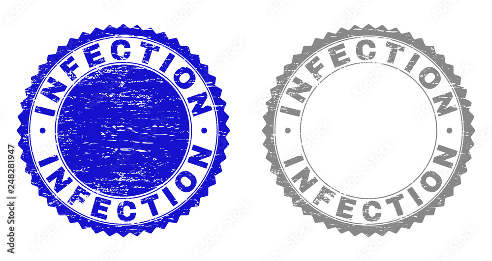 Grunge INFECTION stamp seals isolated on a white background. Rosette seals with grunge texture in blue and gray colors. Vector rubber stamp imitation of INFECTION label inside round rosette.