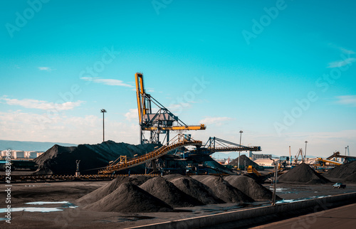 Large Stockpile of Coal in Tarragona port terminal, ready for railroad transportation to a thermal power plant