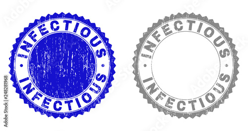 Grunge INFECTIOUS stamp seals isolated on a white background. Rosette seals with grunge texture in blue and gray colors. Vector rubber overlay of INFECTIOUS caption inside round rosette.