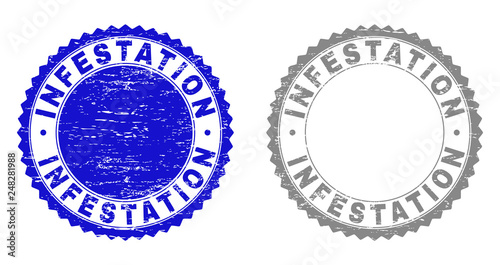 Grunge INFESTATION stamp seals isolated on a white background. Rosette seals with grunge texture in blue and grey colors. Vector rubber watermark of INFESTATION text inside round rosette.