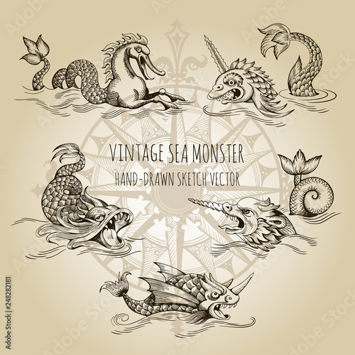 Mythological vintage sea monster. Fragment of old pirate map. Hand drawn vector sketch.