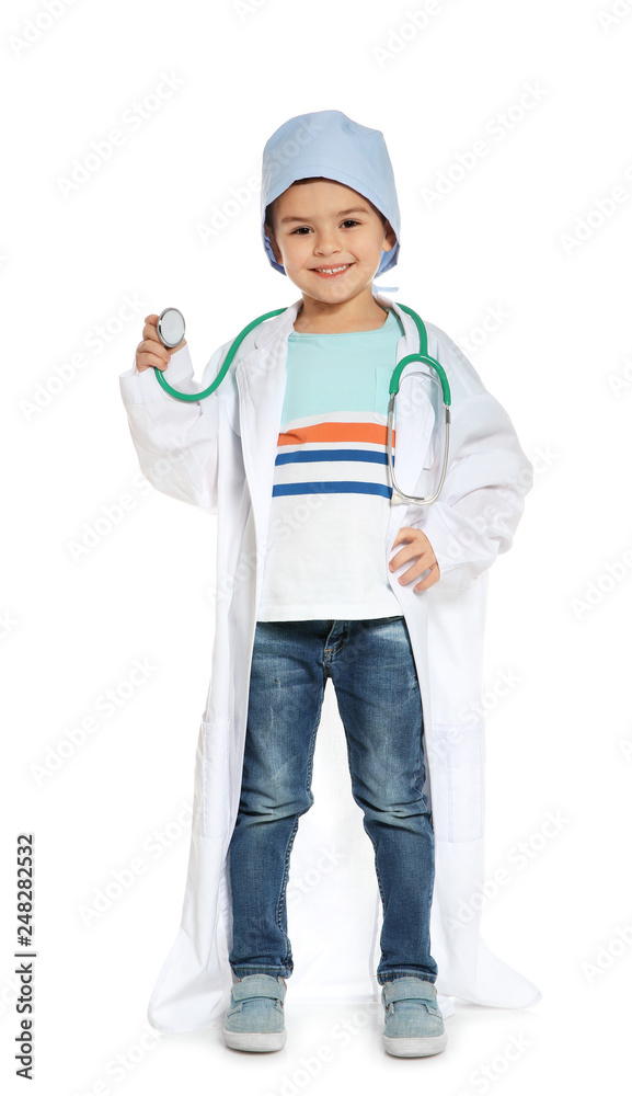 Cute little child in doctor coat with stethoscope on white background Cute little child in doctor coat with stethoscope on white background