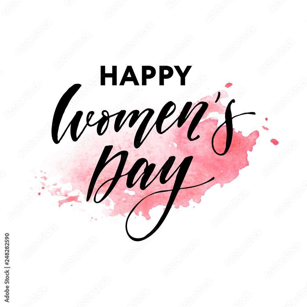 Woman s Day text design with flowers and hearts on square background. Vector illustration. Woman s Day greeting calligraphy design in pink colors. Template for a poster, cards, banner.