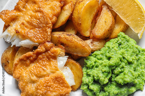 British traditional fish and potato chips, closeup