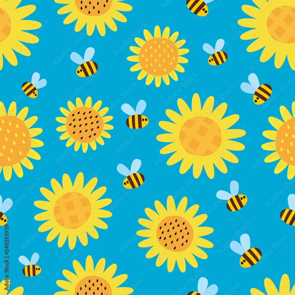 Vector pattern with flying cartoon bees isolated on blue background