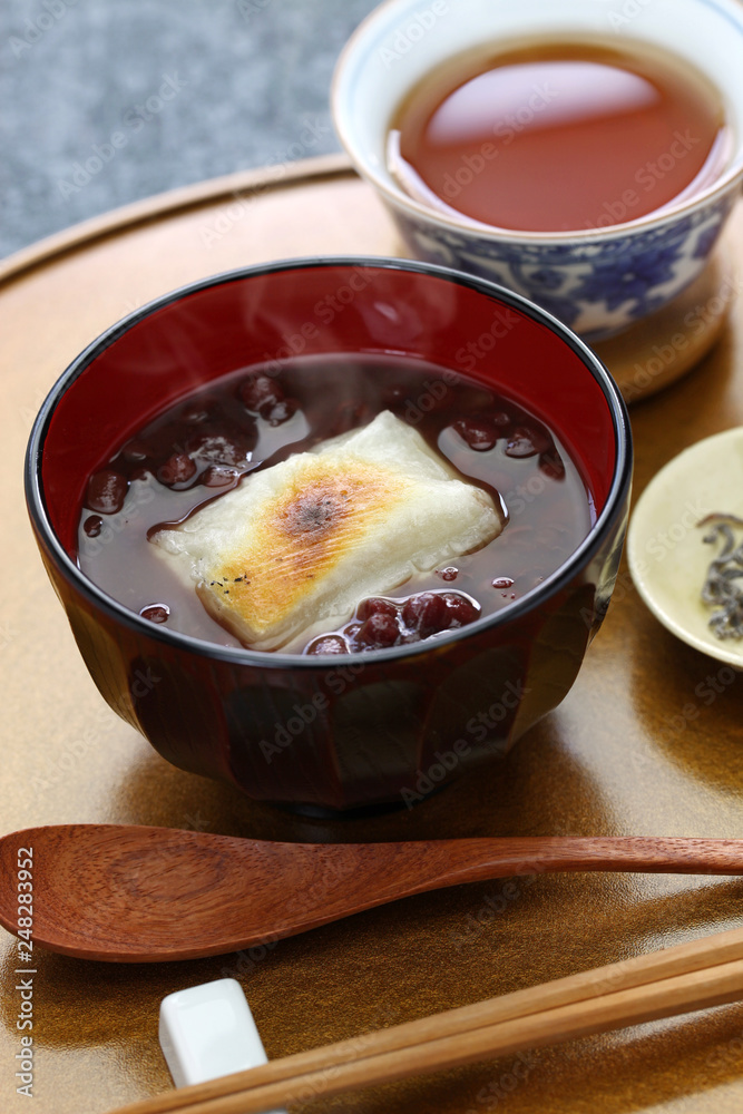 oshiruko, sweet red bean soup with grilled mochi (rice cake), japanese traditional dessert oshiruko, sweet red bean soup with grilled mochi (rice cake), japanese traditional dessert