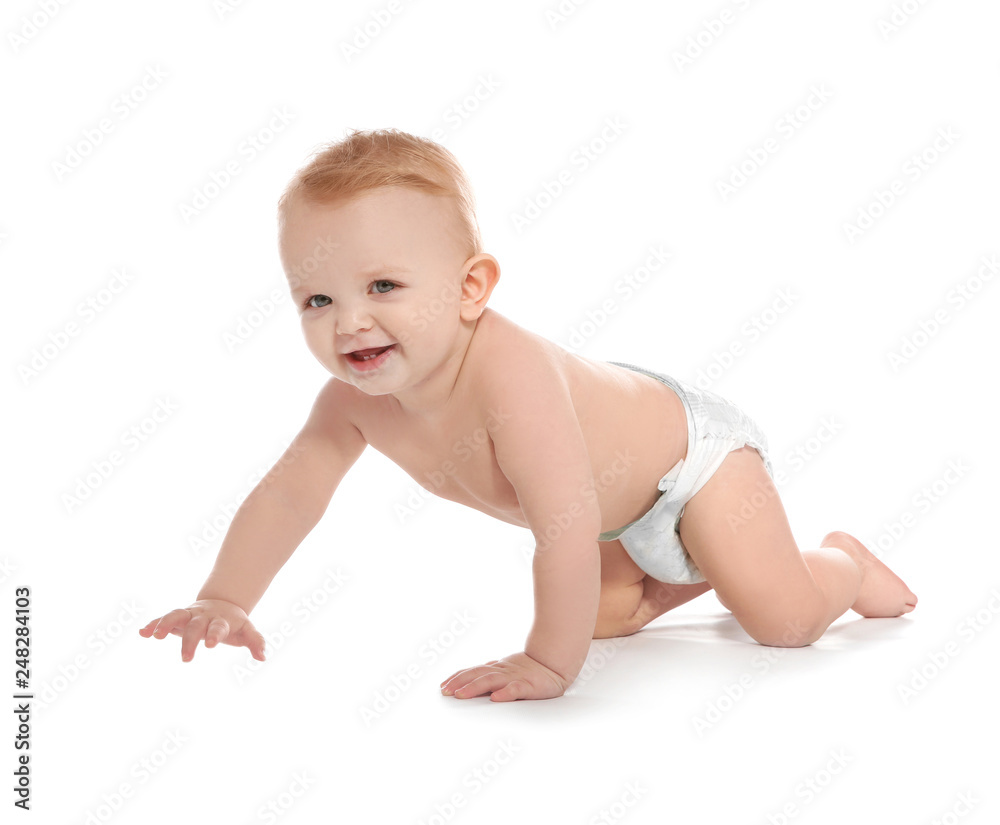 Cute little baby crawling on white background Cute little baby crawling on white background