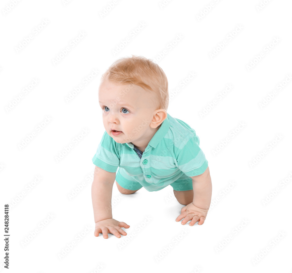 Cute little baby crawling on white background Cute little baby crawling on white background