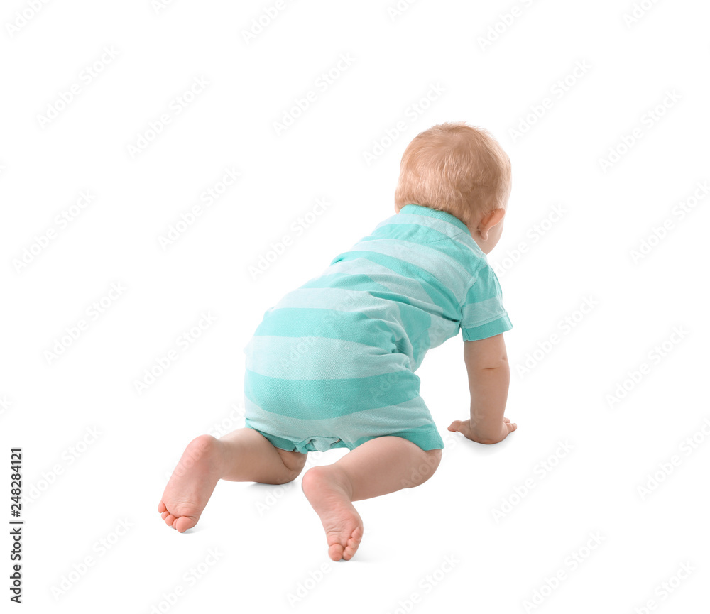 Cute little baby crawling on white background Cute little baby crawling on white background