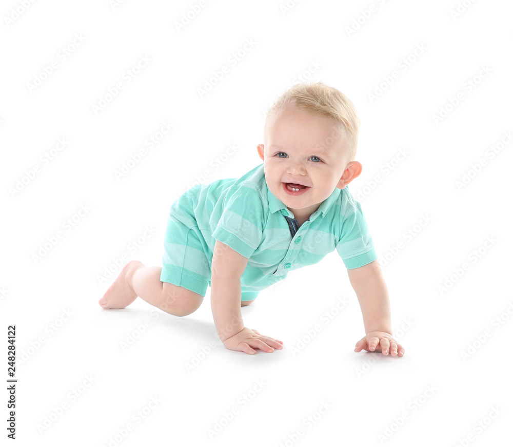 Cute little baby crawling on white background Cute little baby crawling on white background
